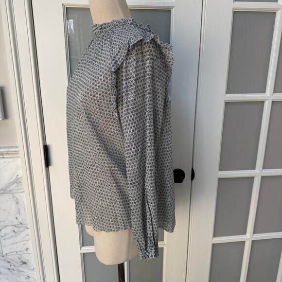 NWT SUNDAYS Alexa Blouse Ruffle Blouse White Gray Cotton Printed Medium - Picture 4 of 6
